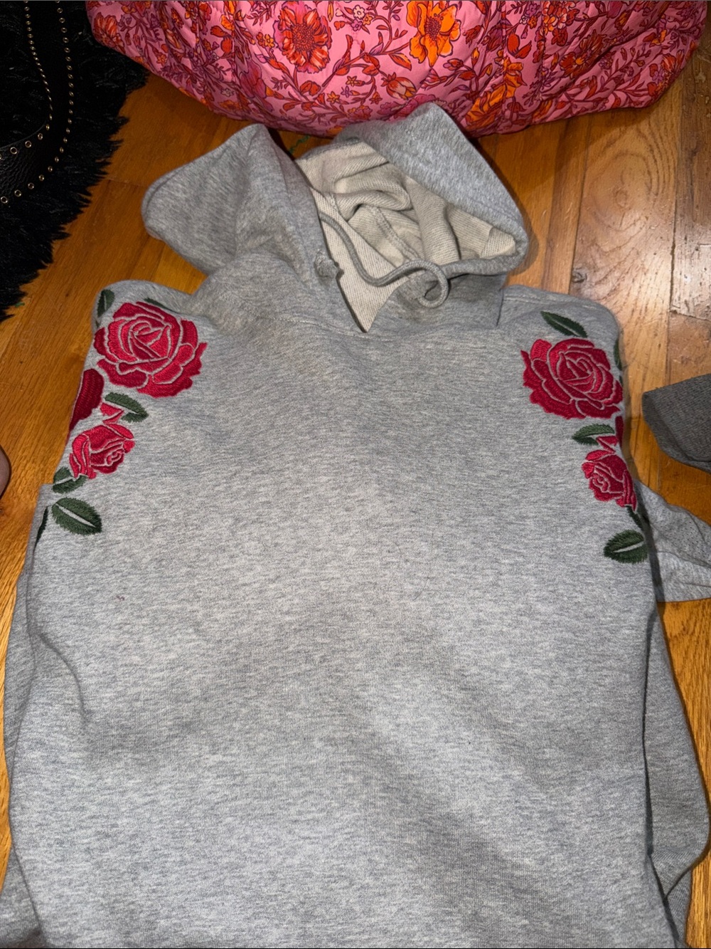 PacSun Gray Hoodie Dress with Red Rose Embroidery